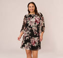 Plus Size 3/4 Bishop Sleeves Elasticized Waistline Chiffon Bateau Neck Fitted Tiered Sheer Floral Print Dress