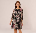 Chiffon Elasticized Waistline Bateau Neck Tiered Sheer Fitted 3/4 Bishop Sleeves Floral Print Dress