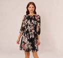 Bateau Neck Chiffon Floral Print Elasticized Waistline Tiered Sheer Fitted 3/4 Bishop Sleeves Dress
