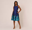 Tall V Back Fitted Jacquard Pocketed Floral Print Bateau Neck Full-Skirt Metallic Sleeveless Cocktail Fit-and-Flare Midi Dress