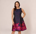 Tall Plus Size Metallic Sleeveless Pocketed V Back Jacquard Fitted Floral Print Full-Skirt Bateau Neck Fit-and-Flare Cocktail Midi Dress