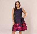Tall Plus Size Metallic Full-Skirt Fit-and-Flare Sleeveless Cocktail Floral Print Bateau Neck V Back Fitted Jacquard Pocketed Midi Dress