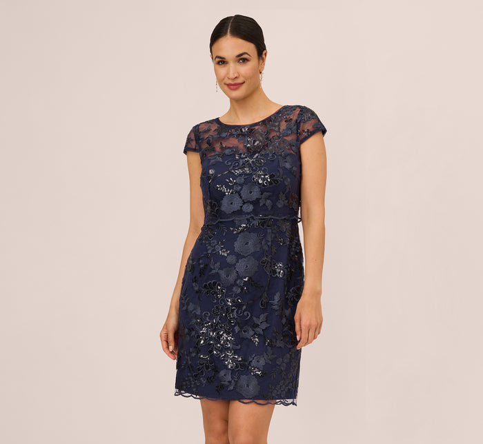 Sequin Floral Embroidered Sheath Dress With Cap Sleeves In Blue