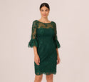 3/4 Bell Sleeves Cocktail Sheath Sheer Sheer Back Sequined Embroidered Bateau Neck Sheath Dress