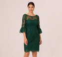 Bateau Neck Cocktail 3/4 Bell Sleeves Sheer Back Sequined Embroidered Sheer Sheath Sheath Dress