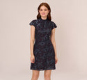 A-line Floral Print Short Sleeves Sleeves Velvet Pleated Fitted Mock Neck Dress