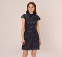 A-line Floral Print Velvet Mock Neck Short Sleeves Sleeves Fitted Pleated Dress