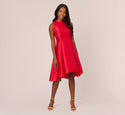 Fitted Pleated Ruffle Trim Fit-and-Flare Halter Cocktail High-Low-Hem Party Dress