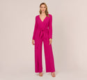 Long Sleeve Crepe Jumpsuit With Tie Front In Hot Orchid