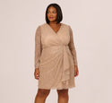 Tall Plus Size V-neck Cocktail Short Sequined Back Zipper Sheer Faux Wrap Crinkled Draped Long Sleeves Party Dress