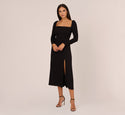 Crepe Smocked Square Neck Long Sleeves Open-Back Self Tie Slit Fitted Midi Dress