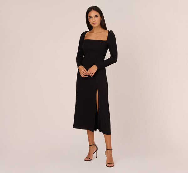 Smocked Square Neck Long Sleeves Crepe Fitted Self Tie Slit Open-Back Midi Dress