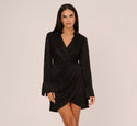 V-neck Collared Draped Button Front Faux Wrap Long Sleeves Satin Dress