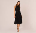 Chiffon Elasticized Tie Waist Waistline Cutout Button Closure Self Tie Pleated Flared-Skirt Halter Sleeveless Dress