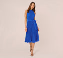 Halter Flared-Skirt Elasticized Tie Waist Waistline Cutout Button Closure Self Tie Pleated Chiffon Sleeveless Dress