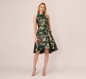 Tall Ruffle Trim Jacquard Pocketed Metallic Floral Print Halter Sleeveless High-Low-Hem Party Dress