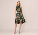 Tall Sleeveless High-Low-Hem Pocketed Jacquard Ruffle Trim Halter Floral Print Metallic Party Dress