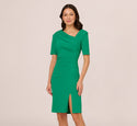 Sheath Slit Draped Pleated V Back Asymmetric Collared Short Sleeves Elbow Length Sleeves Sheath Dress