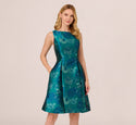 Tall Bateau Neck Fitted Pocketed Cutout Jacquard Floral Print Flared-Skirt Metallic Sleeveless Party Dress/Midi Dress