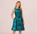 Tall Sleeveless Flared-Skirt Bateau Neck Metallic Jacquard Pocketed Fitted Cutout Floral Print Party Dress/Midi Dress