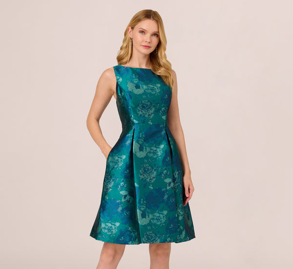 Tall Metallic Flared-Skirt Cutout Jacquard Pocketed Fitted Floral Print Sleeveless Bateau Neck Party Dress/Midi Dress