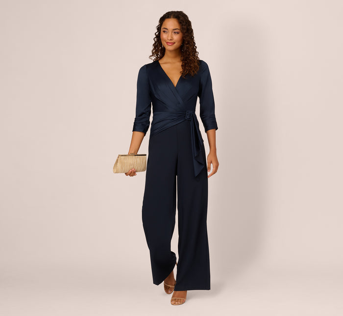 Long Sleeve Crepe Jumpsuit With Tie Front In Hot Orchid