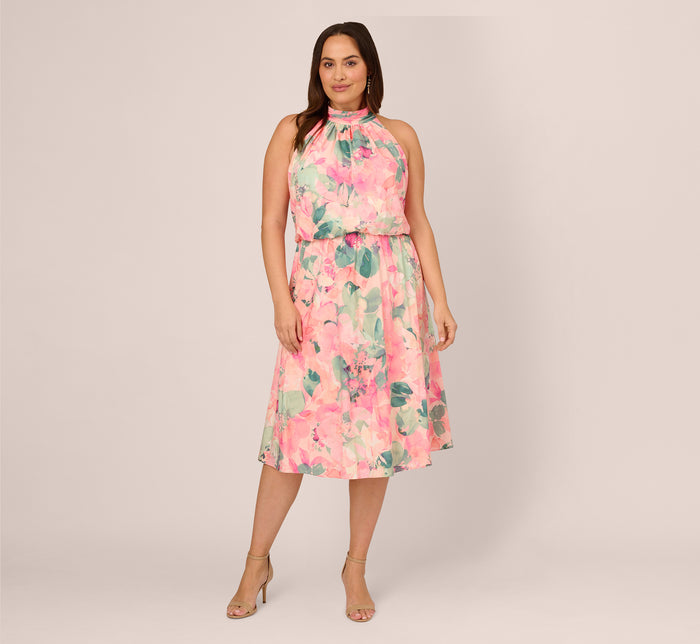 Multicolor Floral Chiffon Halter Dress In Ivory Multi | Adrianna