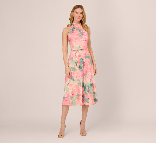 Elasticized Waistline Halter Mock Neck Chiffon Shirred Floral Print Evening Dress/Midi Dress