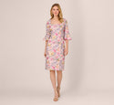 Embroidered Fitted Floral Print Square Neck 3/4 Bell Sleeves Sheath Sheath Dress/Midi Dress