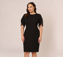 Plus Size Short Sleeves Elbow Length Sleeves Back Zipper Slit Fitted Beaded Sheath Cocktail Bateau Neck Sheath Dress/Little Black Dress/Party Dress/Midi Dress With Pearls