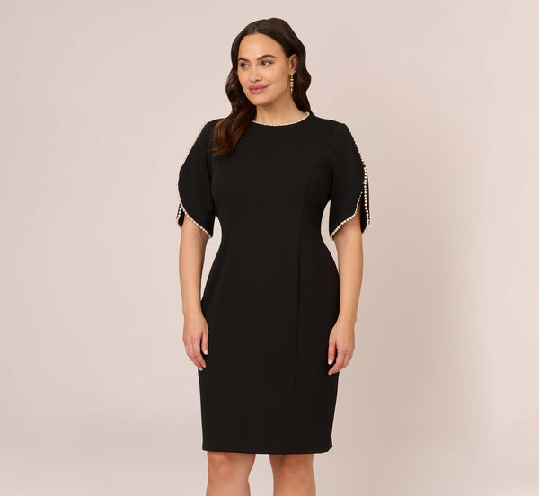 Plus Size Short Sleeves Elbow Length Sleeves Back Zipper Slit Fitted Beaded Sheath Cocktail Bateau Neck Sheath Dress/Little Black Dress/Party Dress/Midi Dress With Pearls