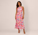 Ankle Length Self Tie Shirred Sleeveless Floral Print Halter Chiffon Dress by 37252009492680