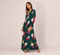 V-neck Shirred Fitted Floral Print Smocked Long Sleeves Maxi Dress