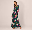 V-neck Fitted Shirred Floral Print Smocked Long Sleeves Maxi Dress
