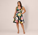 Plus Size Floral Print Mikado Sleeveless Dress With High Low Skirt In Black Multi