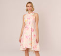 Floral Print Cocktail High-Low-Hem Pleated Jacquard Hidden Back Zipper Sleeveless Halter Ruffle Trim Party Dress