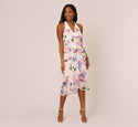 V-neck Self Tie Shirred Hidden Back Zipper Sleeveless Floral Print Tie Waist Waistline Halter Chiffon High-Low-Hem Midi Dress With a Sash and Ruffles