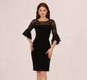 Fitted Hidden Back Zipper Embroidered Sheer Banding Cocktail Crew Neck 3/4 Bell Sleeves Sheath Sheath Dress/Little Black Dress/Midi Dress