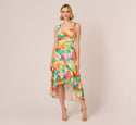 V-neck Shirred Chiffon Sweetheart High-Low-Hem Floral Print Sleeveless Tank Midi Dress