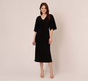 V-neck Jersey Dolman Short Sleeves Sleeves Fitted Shirred Self Tie Slit Midi Dress With a Bow(s)