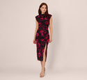 Sheath Jersey Ankle Length Fitted Draped Slit Shirred Mock Neck Floral Print Sheath Dress/Evening Dress