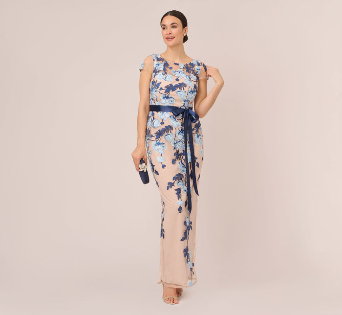 Floral Embroidered Gown In Biscotti Multi | Adrianna Papell