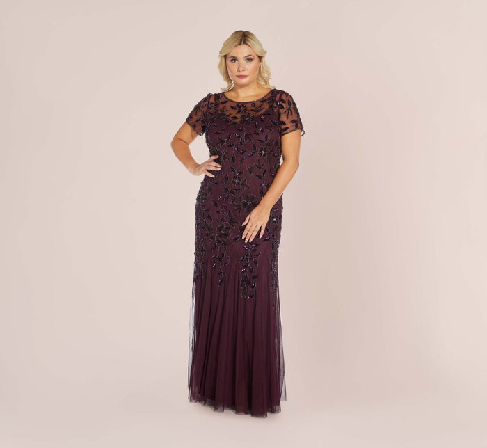 Hand Beaded Short Sleeve Floral Godet Gown In Night Plum