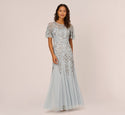 Floral Print Illusion Sheer Beaded Mermaid Flutter Sleeves Dress by 37252009492680