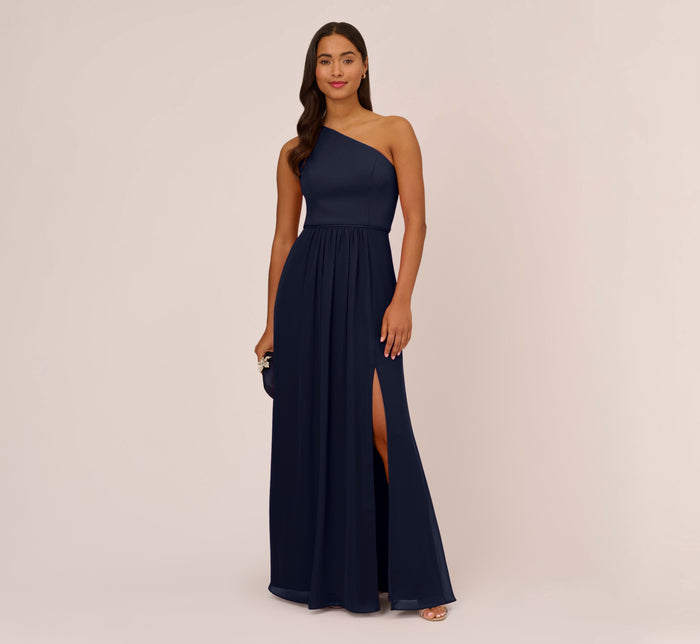 Satin Crepe One-Shoulder Long Gown In Black | Adrianna Papell