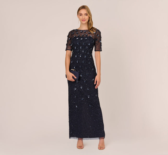 Floral Beaded Dress With Sheer Long Sleeves In Midnight | Adrianna