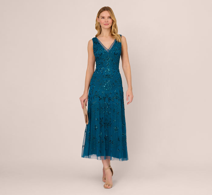 Adrianna Papell Beaded V-Neck 3/4 Sleeve A-Line Gown - Air sky