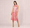 Floral Print Halter Mock Neck Swing-Skirt Fitted Embroidered Pleated Cocktail Sleeveless Fit-and-Flare Dress