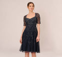 Sweetheart Floral Print Sequined Cutout Sheer Mesh Fitted Beaded Fit-and-Flare Short Sleeves Sleeves Cocktail Midi Dress