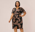 Tall Plus Size V-neck Abstract Print Flutter Sleeves Wrap Mesh Crinkled Back Zipper Sheer Midi Dress